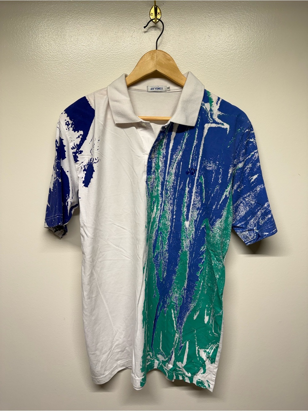 vintage yonex Abstract Splash Polo Shirt in White, Blue & Green